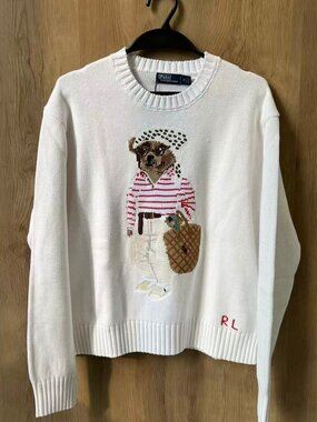 Polo Ralph Lauren White Vacation Bear Crewneck Knit Sweater